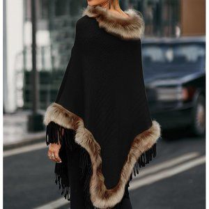 NWT La Mode | Black & Brown Faux Fur Poncho